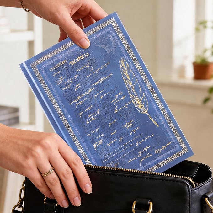 Vintage Hardcover Journal with Gold Foil Embossing, 224 Pages Lined Notebook, 100 GSM Premium Thick Paper, Elegant Feather & Manuscript Design, Aesthetic Diary Gift for Writers, Men & Women, A5 Size