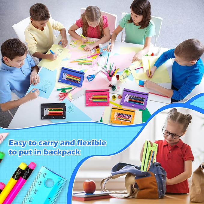Zhehao 100 Pcs Zipper Binder Pencil Pouches:3 Ring Binder Pencil Pouches with Zipper Window Bulk Clear Pen Bags Case for Office School Classroom Supplies(Single Layer,8 Colors)
