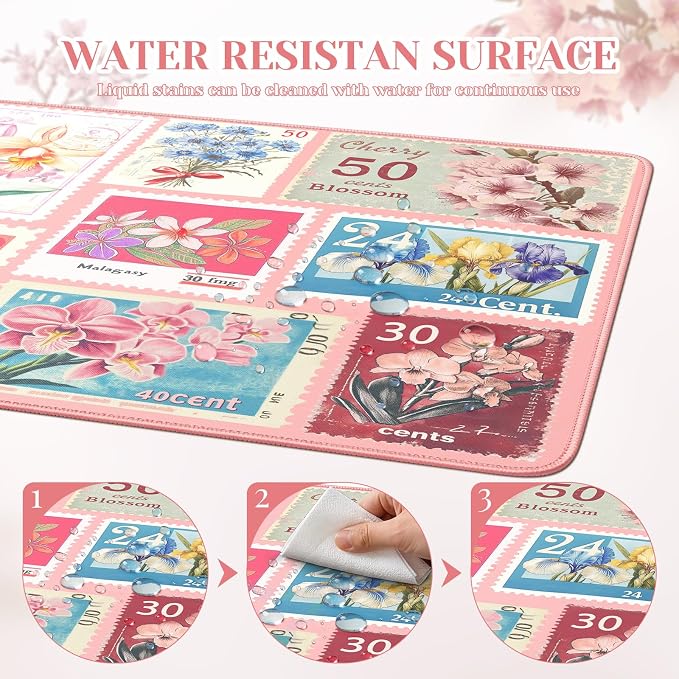 iCasso Pink Floral Desk Pad Mat, XXL Large Mouse Pad, Anti-Slip Retro Mousepad with Stitched Edges, Computer Keyboard Mat for Desktop Decor, Aesthetic Office Desk Accessories for Women(Pastel Pink)