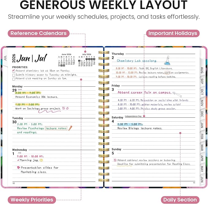 Planner 2026-2027, Academic Year Monthly and Weekly Calendar Planner, Jul 2026 - Jun 2027, Hardcover Teacher Student Planning Agenda book with Tabs, Perfect for School Office Supplies, 6.3" x 8.5" - Vivid Garden