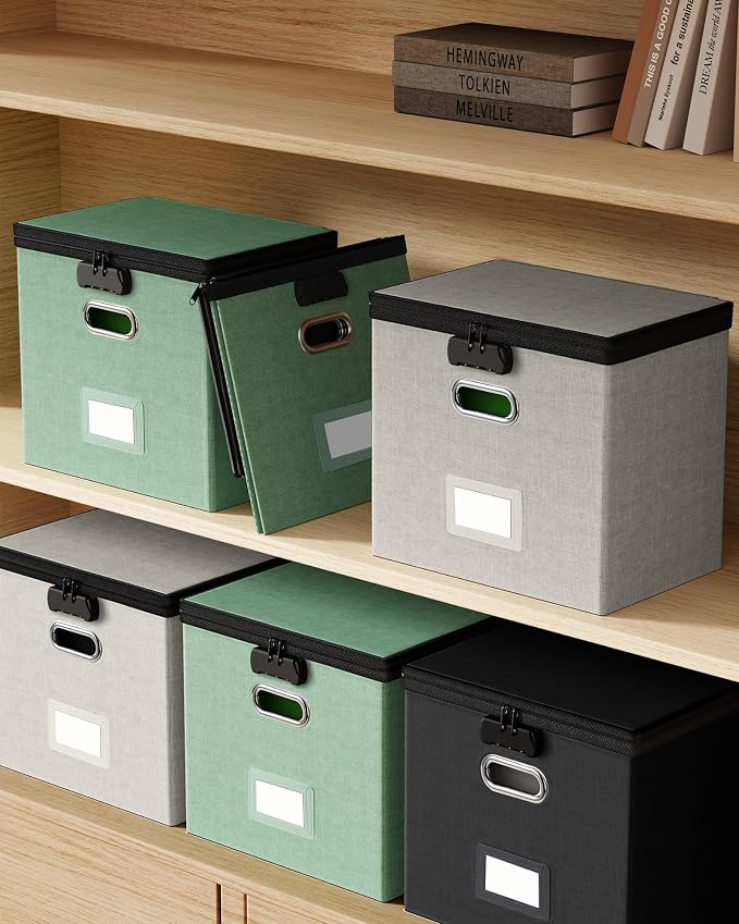 Oterri Lockable File Box Small 2-Pack Hanging Organizer for Letter-Size | Dustproof Lid. 3 Mesh Pockets. Collapsible Scratch-Resistant GRS Linen. Slide Rails. Office, Home, Dorm