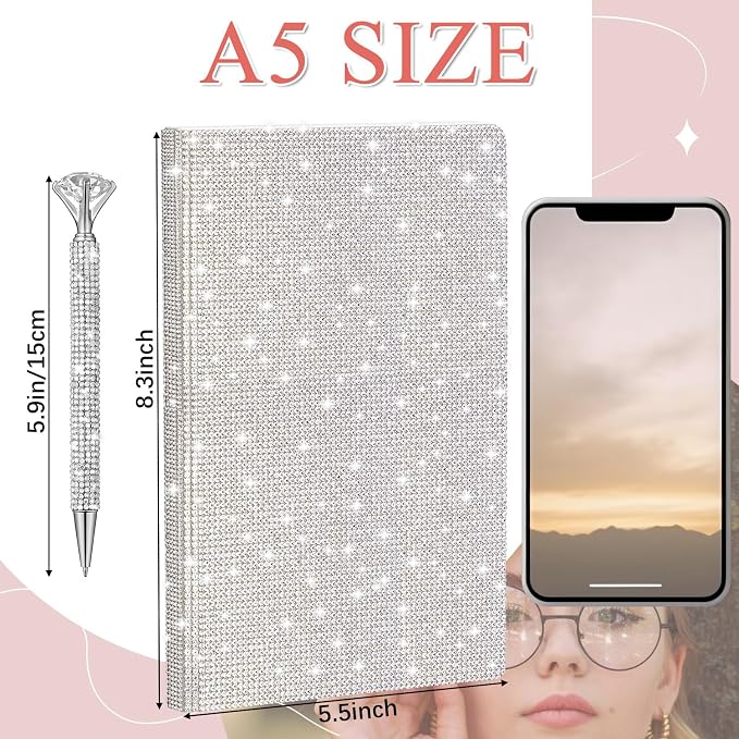Resholder Rhinestone Pen & Glitter Notebook Set, Hard Cover Bling Diary Journal for Girls, Cute School Supplies for Back to School, Sparkly Desk Accessories Gift for Women(Rhinestone,A5,White)