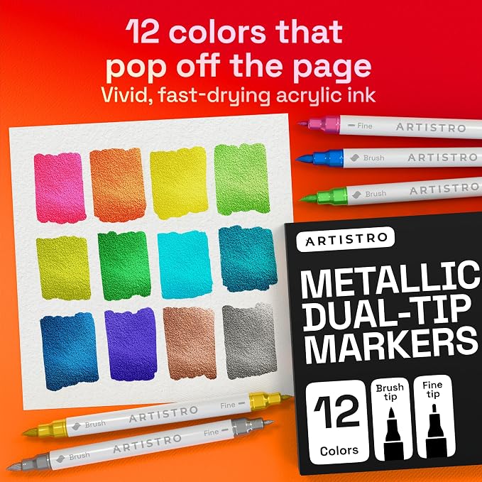 ARTISTRO 12 Metallic Acrylic Paint Markers - Paint Pens for Drawing - For Fabric, Rock, Glass, Wood, Molds - Arts & Crafts Gift for Adults, Teens, Kids, Classroom Must Haves & School Supplies