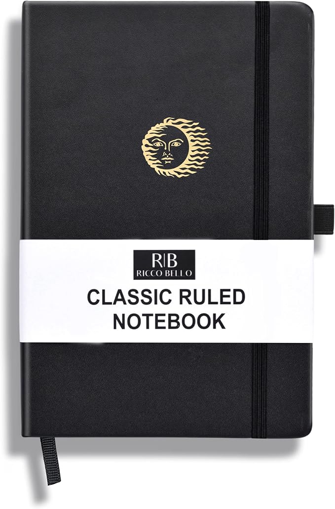 RICCO BELLO Lined Journal Notebook, Sun, 5.7 x 8.4-Inches | Faux Leather Hardcover, College Ruled, 96 Sheets / 192 Pages, Pen Holder, For Work & Notes