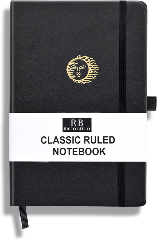 RICCO BELLO Lined Journal Notebook, Sun, 5.7 x 8.4-Inches | Faux Leather Hardcover, College Ruled, 96 Sheets / 192 Pages, Pen Holder, For Work & Notes