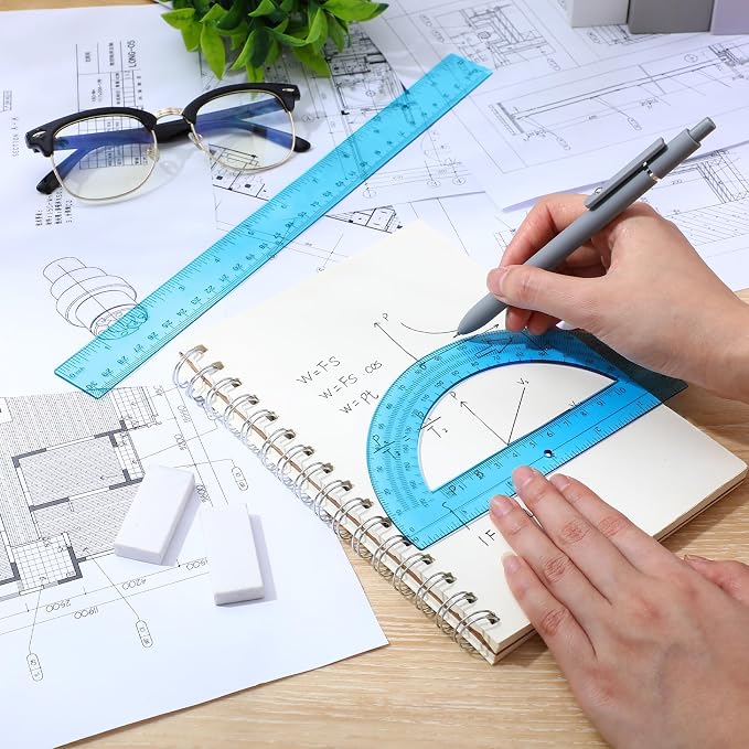 Zonon 2 Pcs 12 Inch Clear Ruler and 6 Inch Plastic Protractor Set, Dual Scale Inch/Cm Math Geometry Measuring Tools for Back to School Students Teachers Classroom Office Drafting Use(Blue)