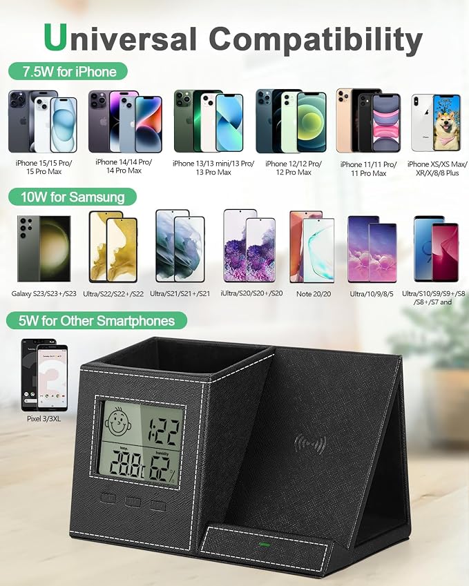 Pen Holder with Wireless Charger, Built in Digital Indoor Thermometer and Humidity Monitor, Multi-Functional Desktop Organizer for Home, School, Office Supply, Midnight Black
