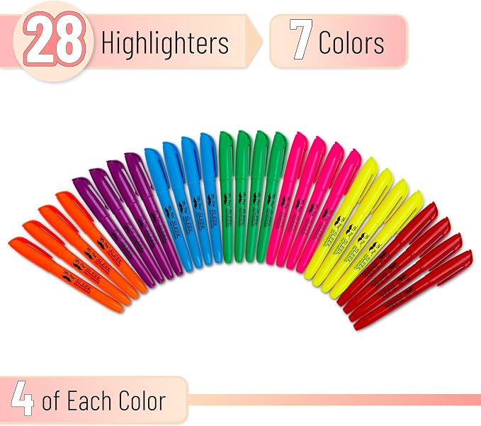 Mr. Pen- Highlighters Assorted Colors, 28 Pack, Chisel Tip | 7 Bright Fluorescent Colors, Quick Dry, Odorless & Non-Toxic Ink