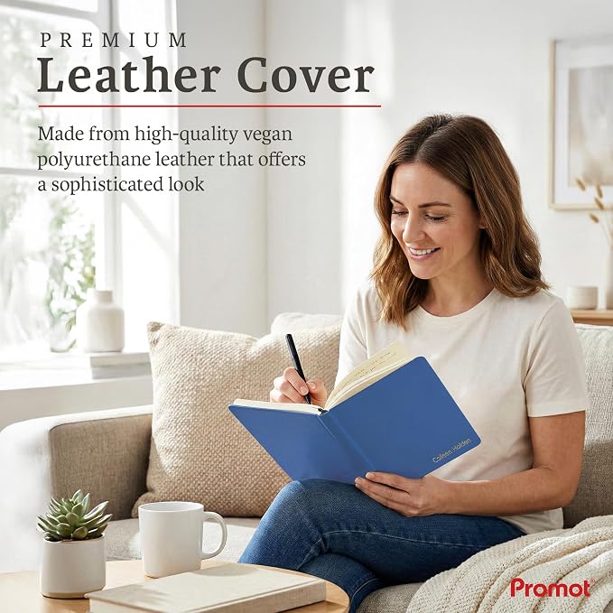 Promot PU Leather Ruled Journal Notebook- Custom Gold Metallic Text (Blue) | Premium Leather-Look Cover, Smooth Lined Writing Pages, Durable Everyday Construction, Lay-Flat Writing Experience