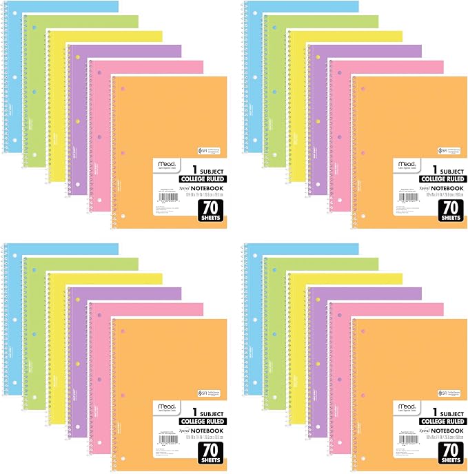 Mead Spiral Notebook, 1 Subject, College Ruled Paper, 7-1/2" x 10-1/2", 70 Sheets per Notebook, Assorted Pastel Colors (830049) (Pack of 24)