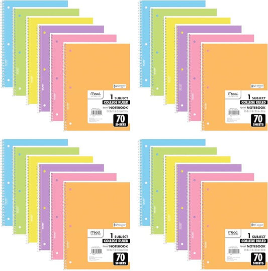 Mead Spiral Notebook, 1 Subject, College Ruled Paper, 7-1/2" x 10-1/2", 70 Sheets per Notebook, Assorted Pastel Colors (830049) (Pack of 24)