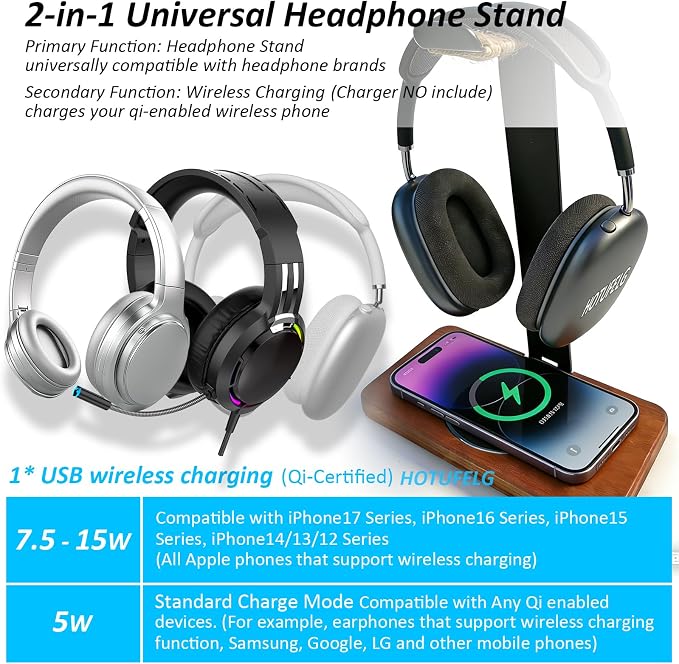 Handmade Solid Wood 2-in-1 Headset Stand with Wireless Charger 15W Max, Wireless Charging Dock Compatible with iPhone 17/16/15/14 /Samsung Series,Universal Holder for All Desk Headphones