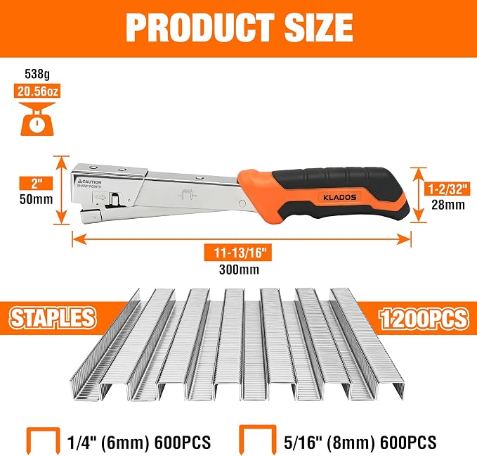 Heavy Duty Hammer Tacker Stapler Kit, All-Steel with Jam-Resistant Mechanism, 1200 T50 Staples (1/4 in & 5/16 in) and Work Gloves for House Wrap, Insulation & DIY 1050301