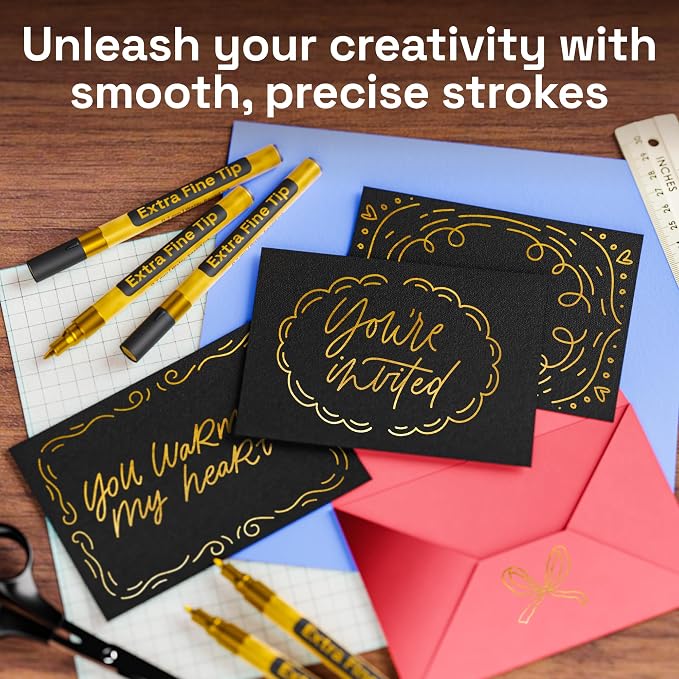 ARTISTRO Gold Paint Pens - Extra-Fine Tips - Set of 5 | Acrylic Paint Markers, Water-Based, For Rock, Glass, Ceramic, Wood, Tire, Fabric, Metal, Canvas, Marking, Painting