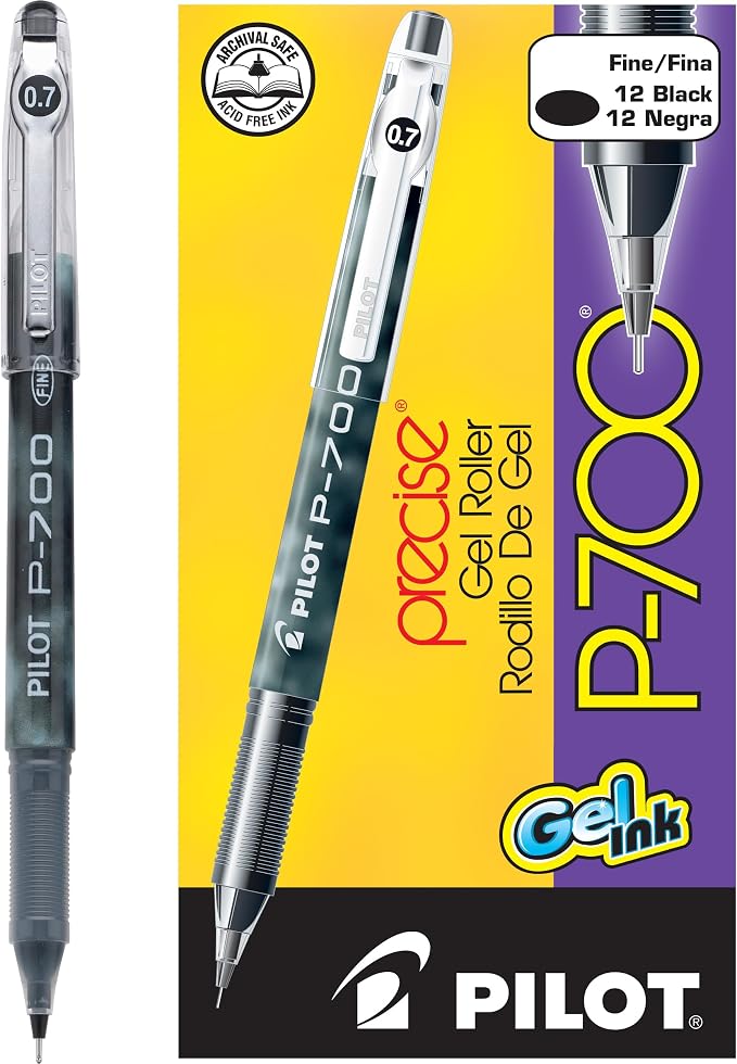 Pilot Precise P-700 Gel Ink Rolling Ball Stick Pens, Fine Point 0.7mm, Black Ink Pens, 12 Count (Pack of 1)
