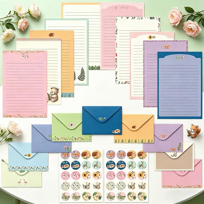 Sweet Cute Stationery Set, 92PCS Stationary Paper and Envelopes Set, 60 Writing Paper 30 Envelopes 2 Sticker Sheets, Vintage Stationery Sets for Letter Writing