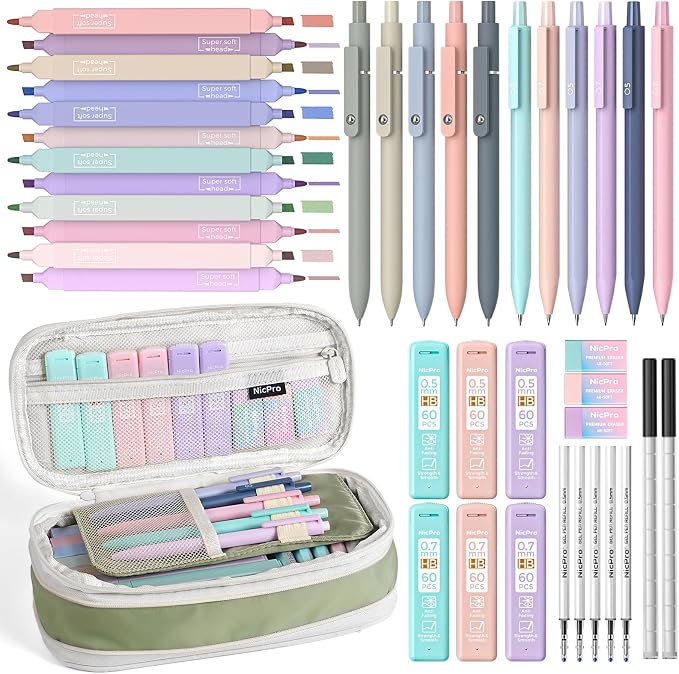 Nicpro Aesthetic School Supplies Stationary Set with Pen Case, 39 PCS Green | Back to Schoo Supplies, Pen Case with 12 Highlighter, 5 Gel Pen, 6 Mechanical Pencil, Essentials for College, Nursing Student