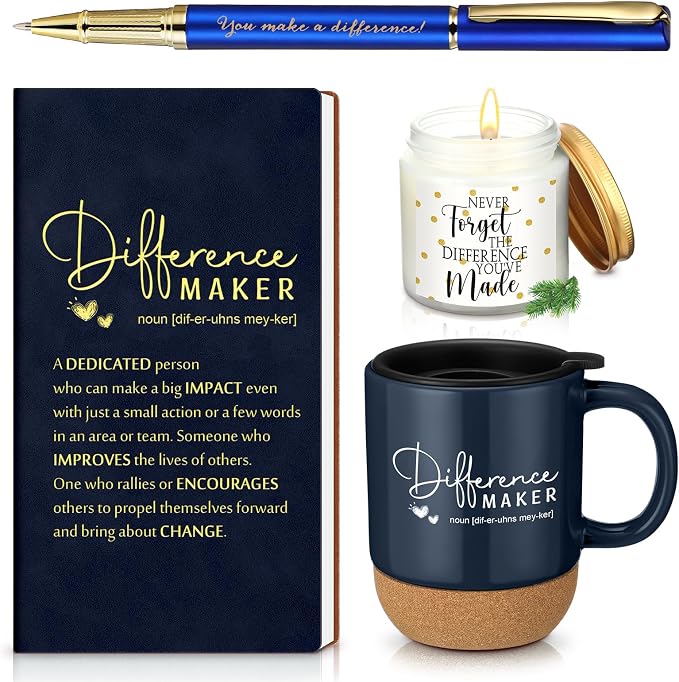 4 Pcs Difference Maker Gift Set Mug Notebook Candle Pen,Navy Blue,Word