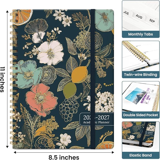 Planner 2026-2027, Academic Year Monthly and Weekly Calendar Planner, Jul 2026 - Jun 2027, Hardcover Teacher Student Planning Agenda book with Tabs, Perfect for School Office Supplies, 8.5" x 11" - Citrus Bloom