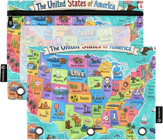 United States Map Pencil Pouch for 3 Ring Binder, 2 Pack Zipper Pencil Pouches with Clear Window Pencil Bag Case Office School Supplies