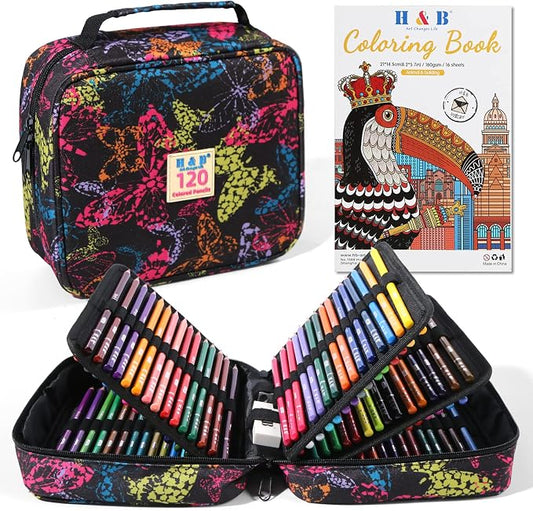 H & B 120-Color Colored Pencils Set with Coloring Book, Eraser, and Sharpener - Perfect for Drawing and Coloring - Soft Oil-Based Cores Ideal for Adults and Beginners