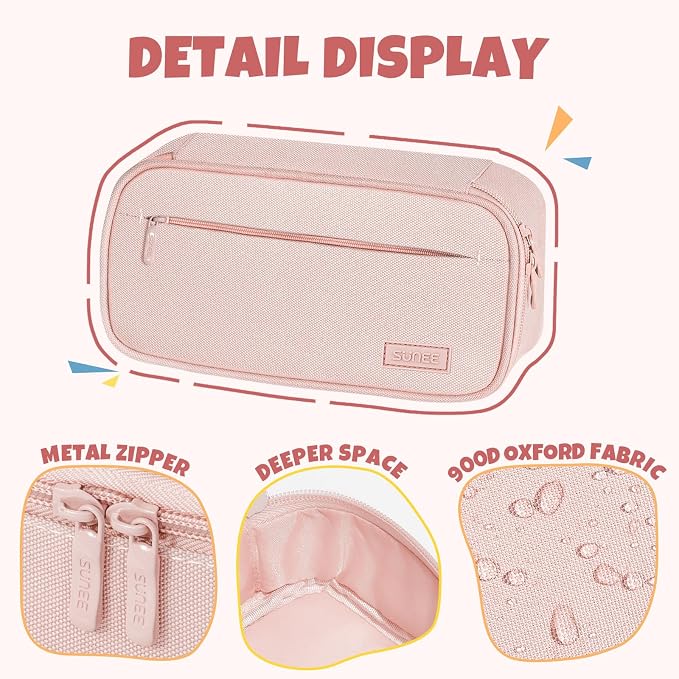 SUNEE Cute Pencil Case, Large Capacity Pencil Pouch, Big Storage Organizer for Stationery, Zipper Pen Bag, Back to School Supplies, Office Organizer Makeup Bag, for Teen Girl Boy Men Women, Pink