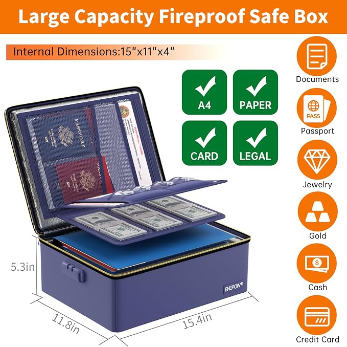ENGPOW Fireproof Document Box with Lock & Heat-Resistant Fireproof Zipper | 6400°F 12-Layer Fire Protection, Hard File Organizer with Pockets, Portable Home Chest Safe Storage for Money,Jewelry, Blue