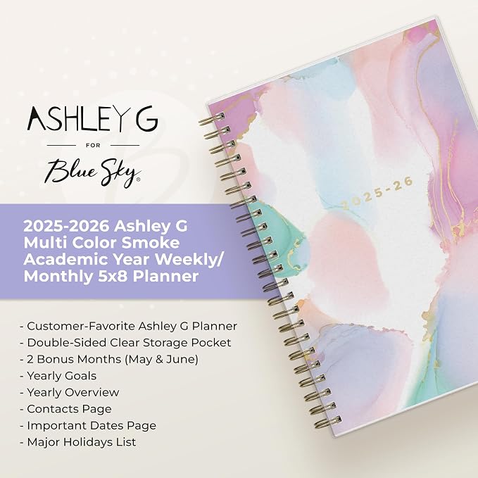 Blue Sky 2025-2026 Weekly & Monthly Academic Planner, 5"x8", Color Smoke | July 2025 - June 2026, Flexible Cover, Wirebound, Laminated Tabs, Storage Pocket, Sticker Sheet, Ashley G