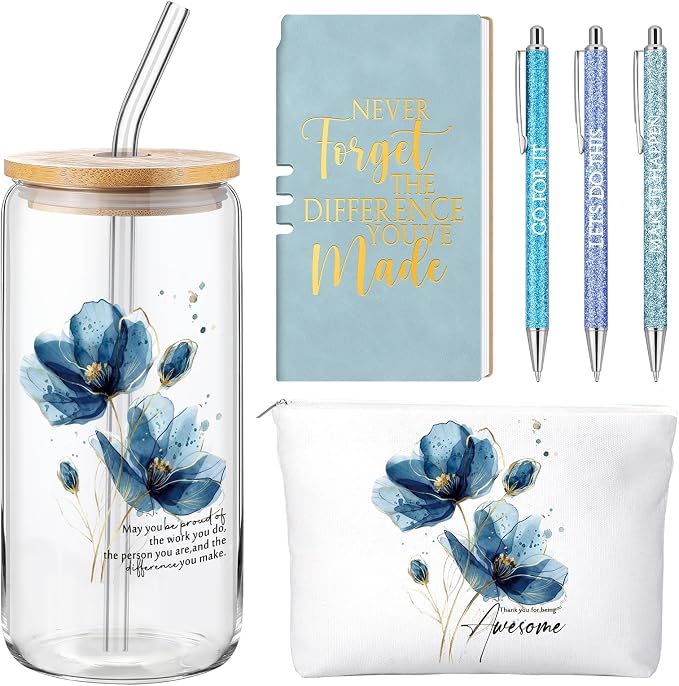 Funnymoom 6 Pcs Appreciation Gifts Set for Women Back to School Teacher Gifts Employee Thank You Gift with 17 oz Glass Tumbler Journal Pens and Pouch for Coworkers Educators(Floral,Blue)