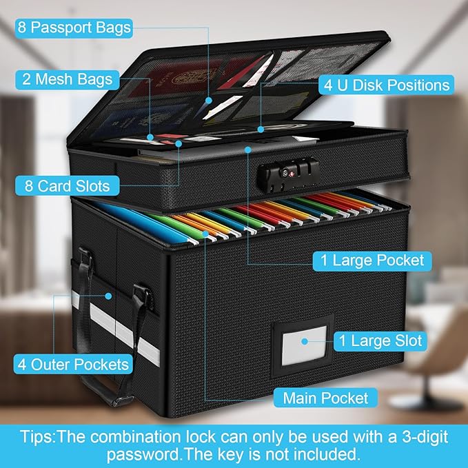 RHM Fireproof Document Box with Lock, 2 Layer Fire Proof File Box for Documents with Handle, Portable Home Office Fire Safe Document Box for Hanging Letter/Legal Folder/Certificate | Fireproof to 2000°F, Waterproof, Large Capacity, Night Reflective Str...