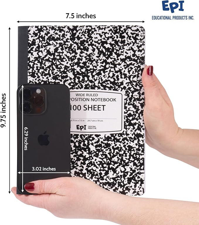 48 Pack - EPI Marble Hardcover Wide Ruled Composition Notebook | 200 Pages (100 Sheets), 9.75 x 7.5 in, Sturdy Sewn Binding | School, Office, Journaling, Notes