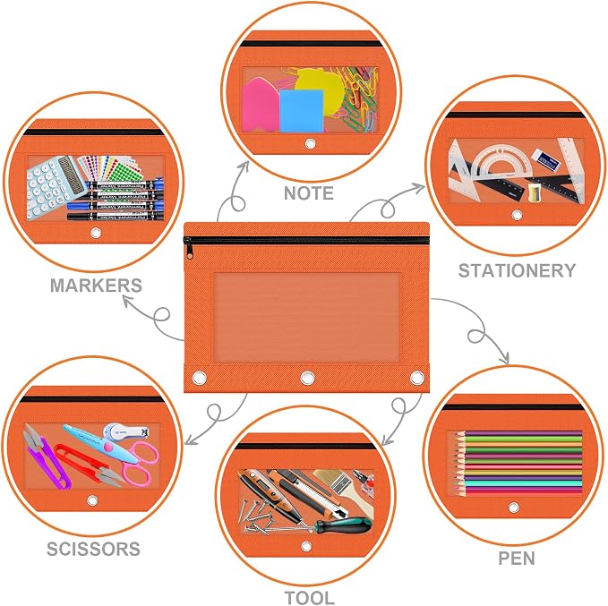 Pencil Pouch for 3 Ring Binder, 2 Pack Pencil Bags with Zipper, Orange Pencil Case for Classroom School Office Supplies, Large Sturdy and Durable Cloth Pencil Pocket for 3 Holder Binder