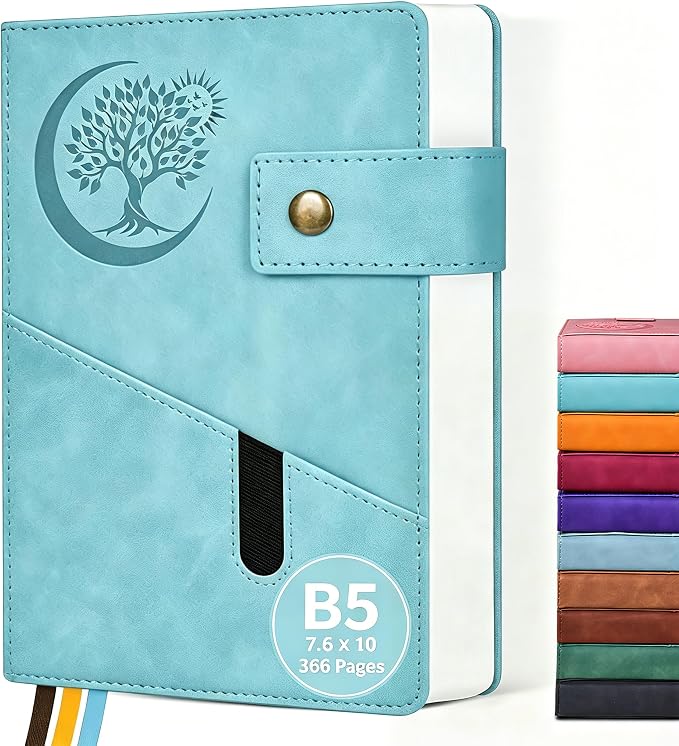 PAIBAS 7.6 x 10 Lined Notebook Journal 366 Pages Leather Journal for Men | Large notebook B5 journal with 100gsm lined notebook paper college ruled, 3 ribbon bookmarks, cover pocket & brass snap.