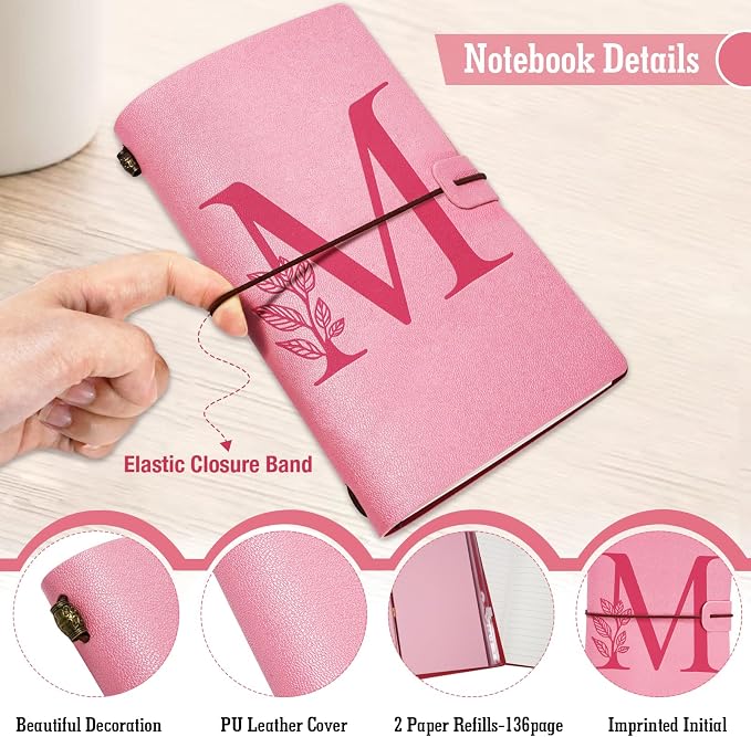 Personalized Journal Gift-Pink Initial Leather Journal+Heart Diamond Pen Set,Travel Notebook Diary Gifts,Refillable Notepads,Christmas,Birthday Gifts for Women Girls (7.9"x4.7") (M)