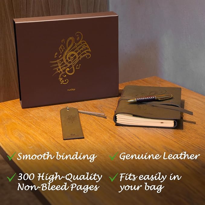 Sovereign-Gear Leather Journal Gift Set – Embossed Music Notes Design - Handmade Buffalo Leather Notebook with Pen & Bookmark - Vintage 8x6” Unlined Writing Journal for Men & Women in Premium Gift Box