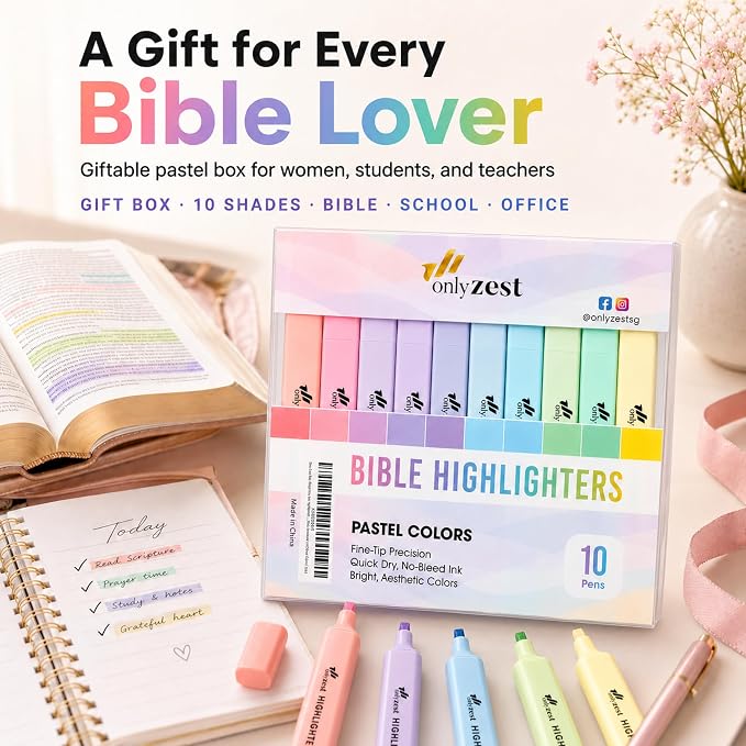 10 Aesthetic Bible Highlighters - Chisel Tip Liquid Ink Marker | Pen with Snap Caps for Clean Highlighting - Assorted Colors, No Bleed & Quick Dry - Bible Marker for Journaling & Studying