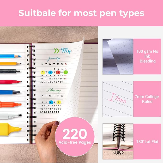 CAGIE 5 Subject Notebook, Small Spiral Notebook with Tabs, 6'' x 8'' | Removable Dividers, 180° lay-flat, Portable, College Ruled, 240 Pages Note book, for School Work, Pink