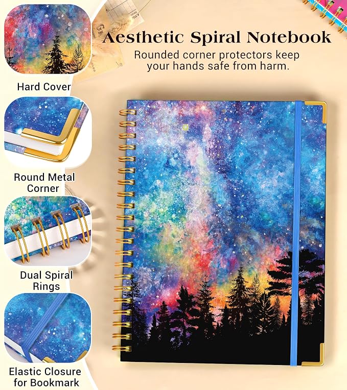 Lined Spiral Notebook Journal for Women, 150 Pages Cute Notebooks 5.75” x 8.38”, A5 Hardcover Spiral Journals with 100 GSM Thick Paper, College Ruled Notebook for Writing Work School, Forest Under a Starry Sky