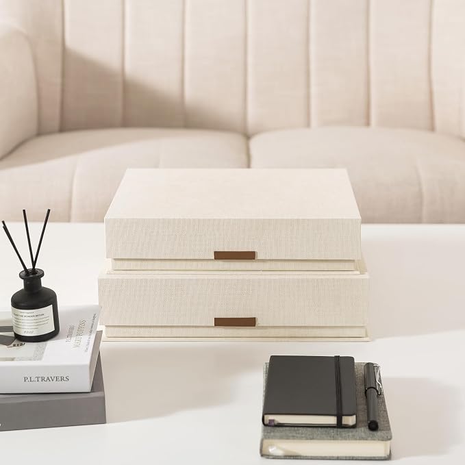 Soul & Lane - Letter Keepsake Storage Box, Magnetic Lid, Set of 2, Beige | Decorative Photo and Document Organizer, Memory Case for Pictures, Cards and Albums, Elegant Home Office Storage Holder