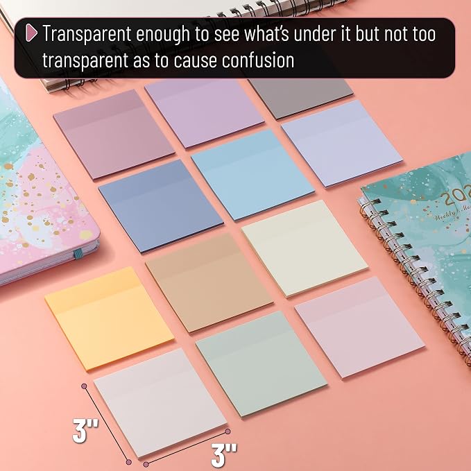 Mr. Pen- Transparent Sticky Notes, 3" x 3", 12 Pads, 600 Sheets | See Through Self-Adhesive Notes for Bible Journaling and Studying, Water-Resistant, Easy to Peel, Clean Removal