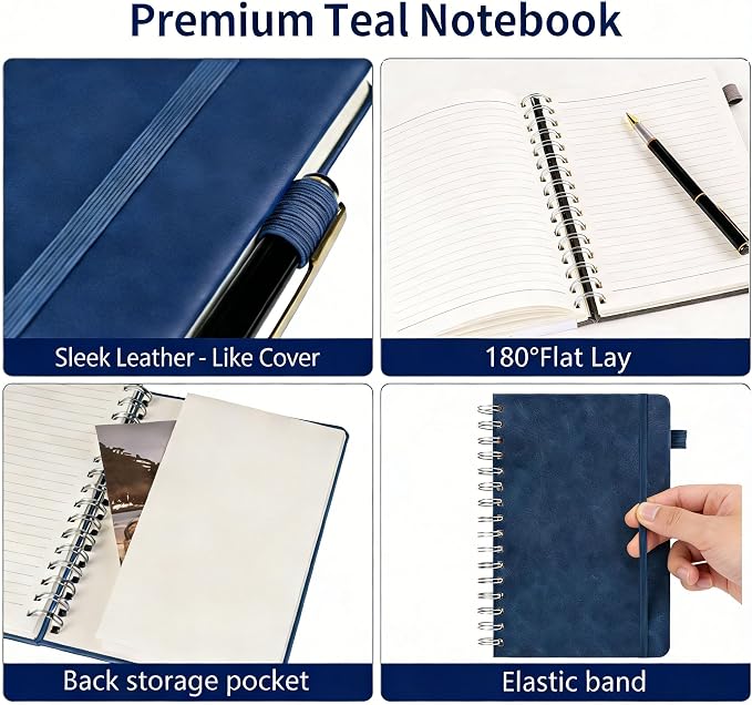 Hardcover Double Coil Spiral Notebook, Premium PU Leather Cover Twin Wire Binding Journal with Elastic Band, A5 Business Notebook for Office, School, Writing & Note-Taking