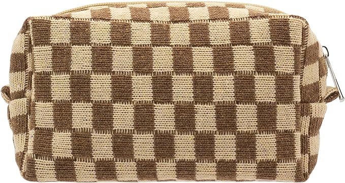 PAZIMIIK Checkered Makeup Bag for Purse Portable Zipper Make Up Pouch Small Cosmetic Case for Travel Accessories (Coffee) | Cute Zipper Makeup Organizer for Women, Travel Essentials, Toiletries, Makeup Brushes, Beauty Accessories&Bridesmaid Gifts