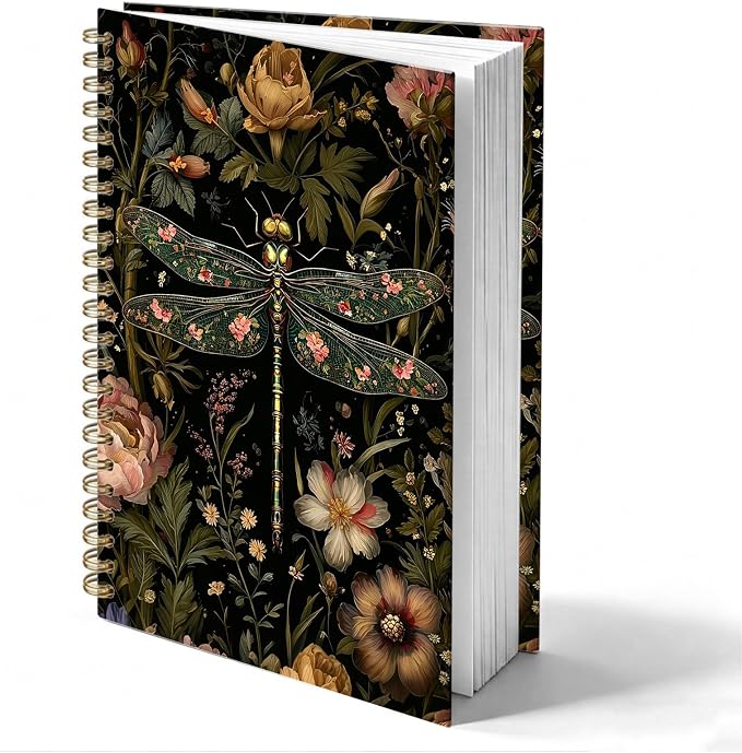 HOXUNQINA Moody Dark Floral Dragonfly Journal Notebook 5.5x8.3 | Dragonfly Gifts for Women Journal, Vintage Dark Cottagecore Botanical Insect Aesthetic Notebooks for Work