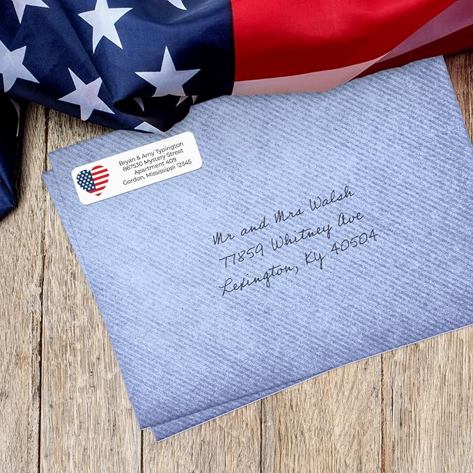 American Flag Heart Rolled Address Labels/Roll of 500 Personalized Return Address Labels/Designer Return Address Stickers in Elegant Plastic Dispenser