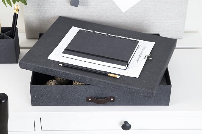 Bigso Box of Sweden Document Box with Lid for Papers in A3 format - Document Organiser Tray with Lid and Leather Handle - Storage Container Made of Fibreboard and Paper - Black
