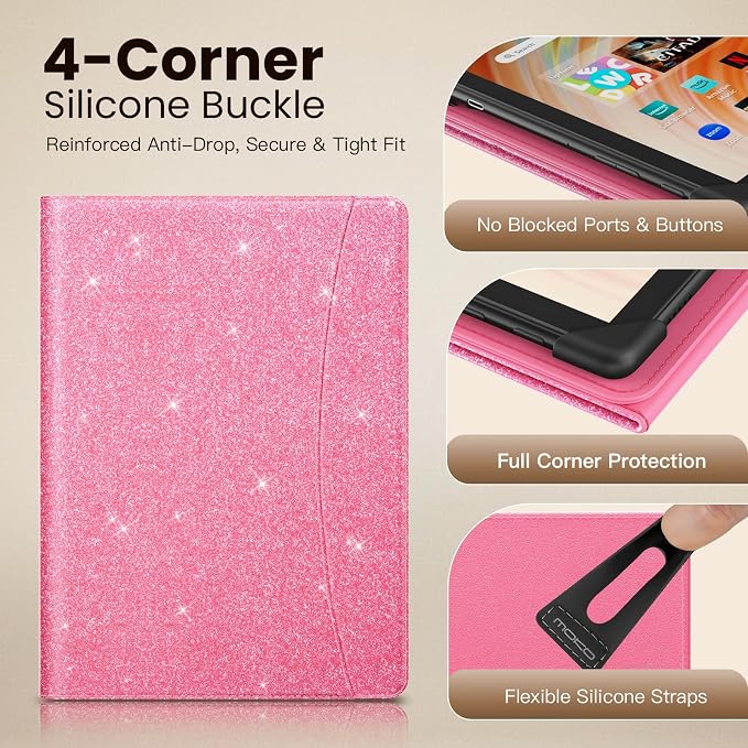 MoKo for Universal 11 inch Android Tablet Case with Pen Holder, Shiny Pink | Fits All 9.6-11 inch Tablets, Slim 360 Degree Rotating Cover, Multi-Angle Stand, Front Pocket, No fit iPad/NO back opening