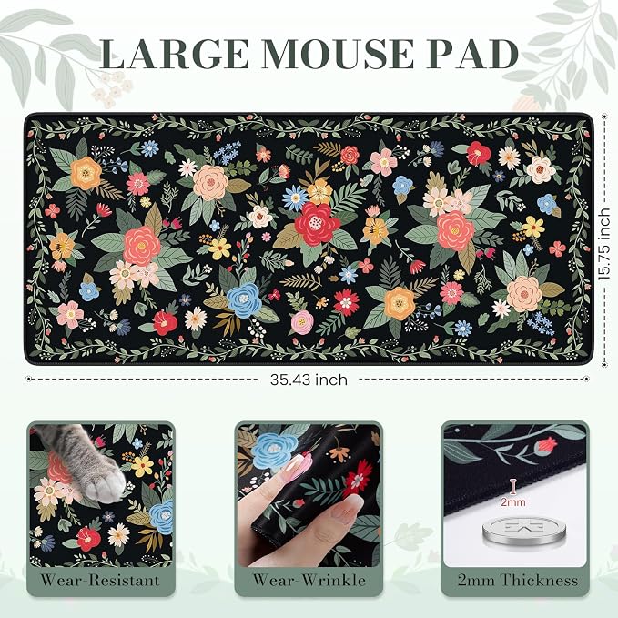 iCasso Floral Desk Mat for Keyboard and Mouse,Cute Gaming Mouse Pad XXL,Anti-Slip Desk Matt for Desktop,Soft Lycra Surface Computer Mat Women,Girly Big Mousepad for Home Office (Black Floral)