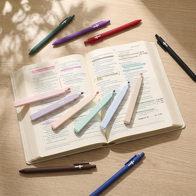 12 Pcs Cross Gel Pens and Highlighters Set 6 Gel Pens 0.5mm 6 No Bleed Highlighters Bible Study Pen and Highlighter for Journaling Church Supplies Christian Stationery (Black,Pastel)