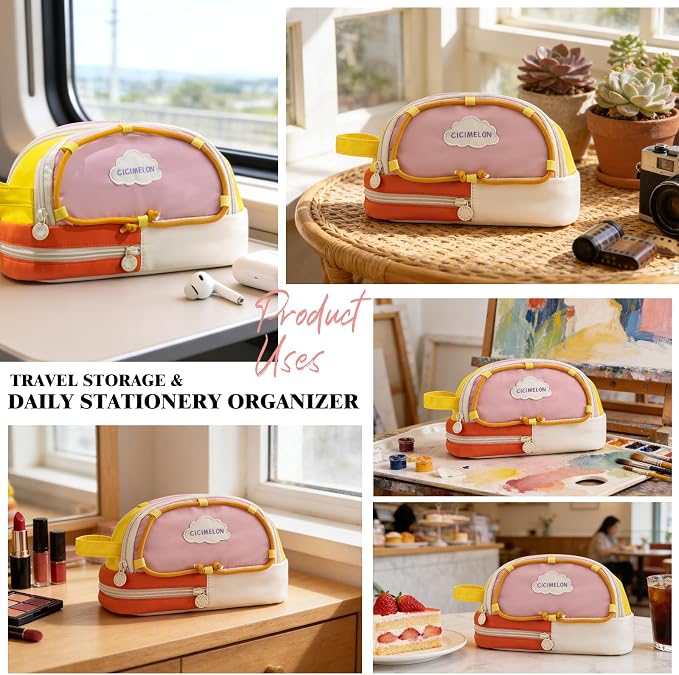 CICIMELON Large Capacity Pencil Case, Cute Aesthetic Pencil Pouch with 3 Compartments, Big Pencil Bag Organizer for School Supplies, Pen Holder for Kids, Girls, Boys, Students