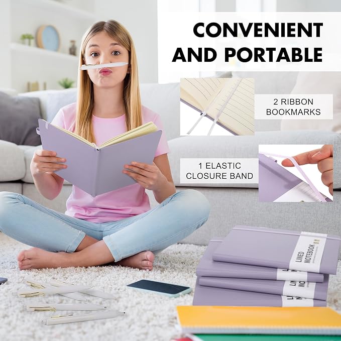 Aodaer 30 Set Lined Notebook Journals with Pens A5 Notebooks 100 GSM College Ruled Hardcover Notebook PU Leather Notepad with Pen Holder for Office School, 5.7 x 8.3 Inches, Lavender